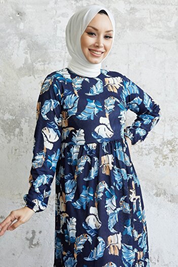 InStyle Nerissa Leaf Pattern Dress - Indigo