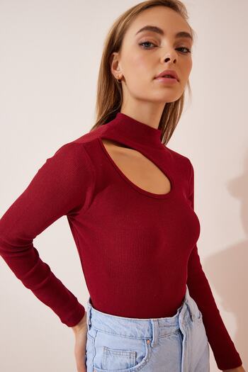Happiness İstanbul Damen-Bluse aus schnurgebundenem Strick mit Ausschnitten in Burgunderrot GT00065