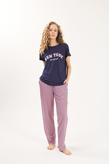 Yeni İnci Navy Blue Viscose 2-Piece Women's Pajama Set