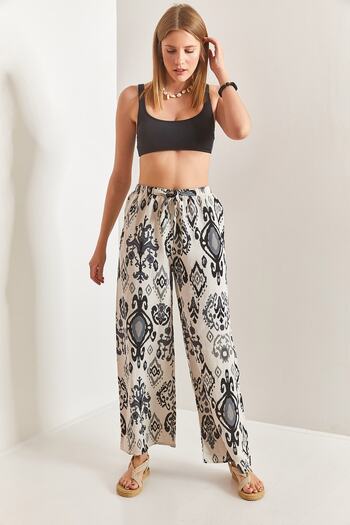 Bianco Lucci Women's Elastic Waist Multi Patterned Linen Trousers