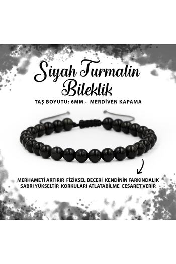 Deniz Doğal Taş Certified Black Tourmaline 6mm Ladder Closing Natural Stone Bracelet