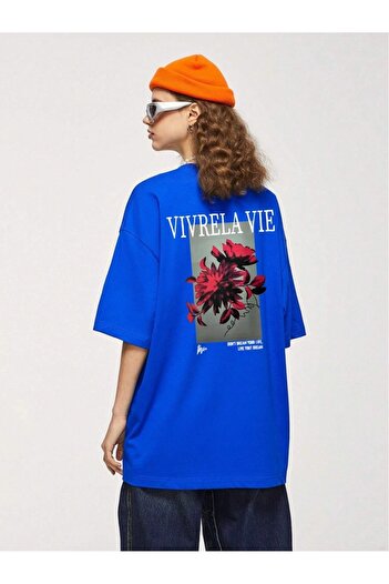 Black Sokak Μπλουζάκι Unisex Blue Vivre La Vie με στάμπα Oversize Crew λαιμόκοψη, χτενισμένη βαμβακερή μπλούζα
