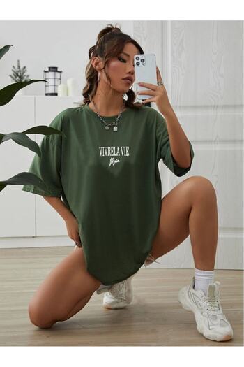Black Sokak Βαμβακερό μπλουζάκι Unisex Green Vivre La Vie με στάμπα Oversize Crew λαιμόκοψη