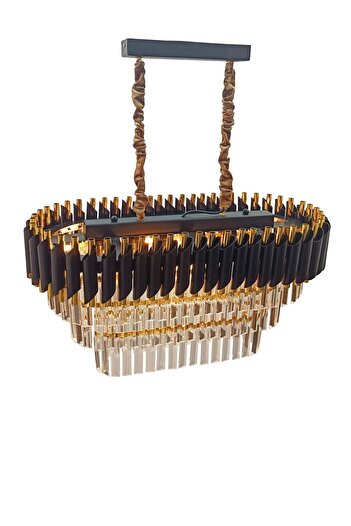 MATMAZEL AKSESUAR Avizade Zamira 75x35 Cm Kristal Taşlı 3 Katlı Yemek Masası Üstü Lüks Avize 6 Lı (black-gold)
