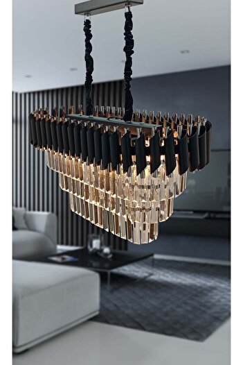 MATMAZEL AKSESUAR Avizade Zamira 75x35 Cm Kristal Taşlı 3 Katlı Yemek Masası Üstü Lüks Avize 6 Lı (black-slver)