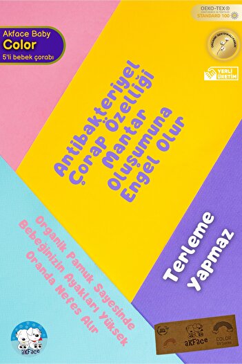 Akface 5'li Unisex Colors Kutulu Yıkanmış Organik Bebek Çorabı 0-6 Ay.