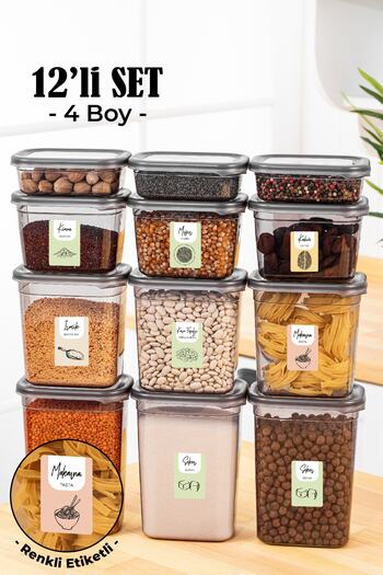 Vienev Set of 12 Peggy Rectangular Storage Containers with Colorful Labels 3x(1500-1150-800-400 Ml) Anthracite