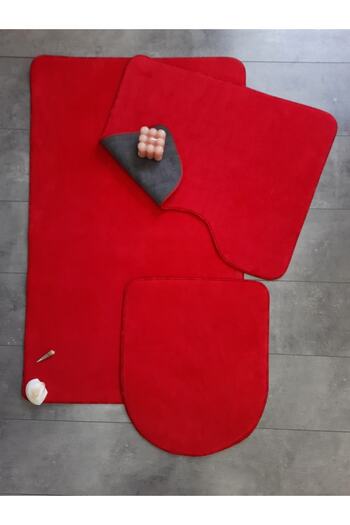 Bonny Home Ultrasoft Plain Red 3-Piece Bathroom Rug Mat Set Non-Slip Leather Based Washable Toilet Seat Set