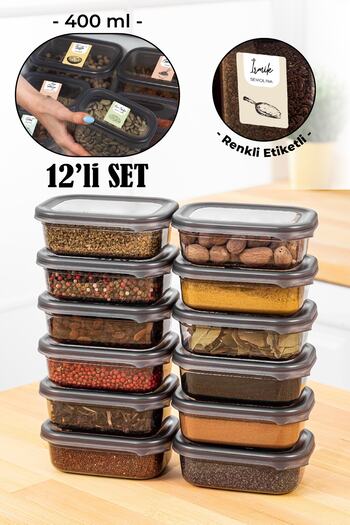 Vienev Set of 12 Peggy Rectangular Spice Storage Containers with Colorful Labels 400 Ml Anthracite