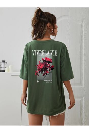 Black Sokak Βαμβακερό μπλουζάκι Unisex Green Vivre La Vie με στάμπα Oversize Crew λαιμόκοψη