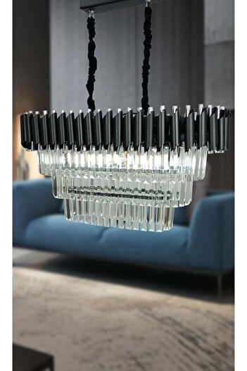 MATMAZEL AKSESUAR Avizade Zamira 75x35 Cm Kristal Taşlı 3 Katlı Yemek Masası Üstü Lüks Avize 6 Lı (black-slver)