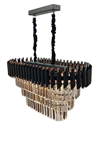 MATMAZEL AKSESUAR Avizade Zamira 75x35 Cm Kristal Taşlı 3 Katlı Yemek Masası Üstü Lüks Avize 6 Lı (black-slver)