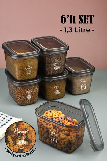 Vienev Set of 6 Peggy Rectangular Storage Containers with White Silk Screen Label 1.3 Liter Anthracite