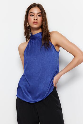 Trendyol Collection Стягнута плісирована блуза Saks з коміром-стійкою нормальної форми TWOSS23BZ00952