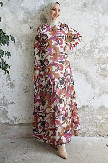 InStyle Arzel Patterned Ruffle Chiffon Dress - Fuchsia