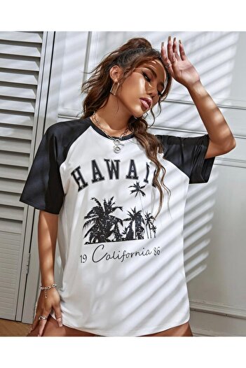 AFROGİYİM Γυναικείο μπλουζάκι Hawaii California με στάμπα Oversize