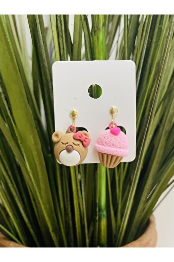 1PARÇAMAVİ Non-Perforated Children's Earrings with Teddy Bear Cake Clip - Pinched Earrings