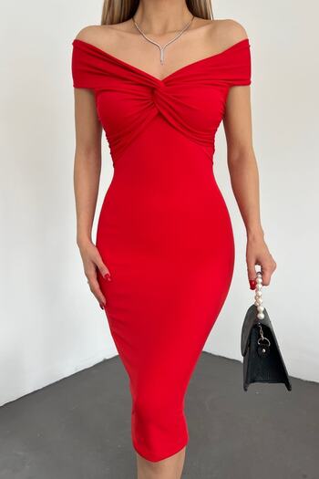 vuvutasarım Full Lycra Flexible Diving Fabric Midi Length Short Sleeve Red Evening Dress 5038