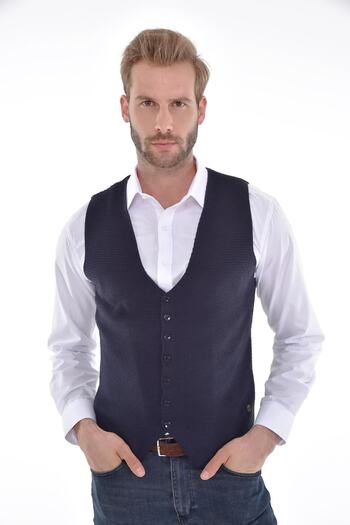 Çizgi Triko Men's Buttoned Sports / Classic Knitwear Knitted Sleeveless Navy Blue Vest