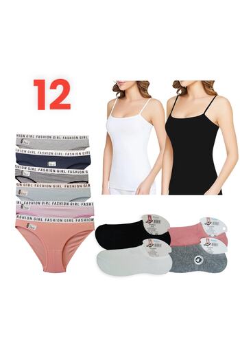 Tutku 12 Pcs 6 Pieces of Fashion Panties, 2 Pieces of Elastane Thread Strap Ribbed Undershirt, 4 Pieces of Socks