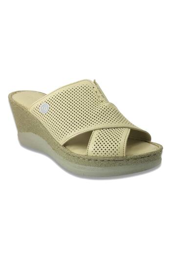 Mammamia D23yt-2095 Beige Color Leather Anatomical Wedge Heel (7cm) Women's Slippers