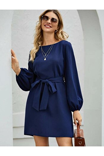 Styling Park Balon Kol Kuşaklı Mini Elbise