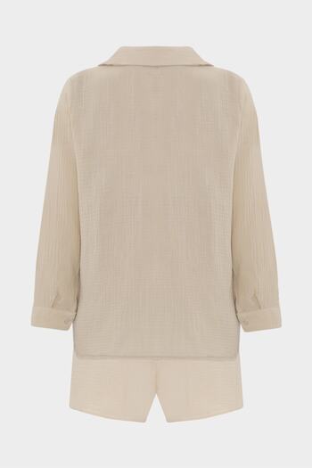 Açelya Okcu Pocket Detailed Muslin Shirt Elastic Waist Shorts Top and Bottom Set