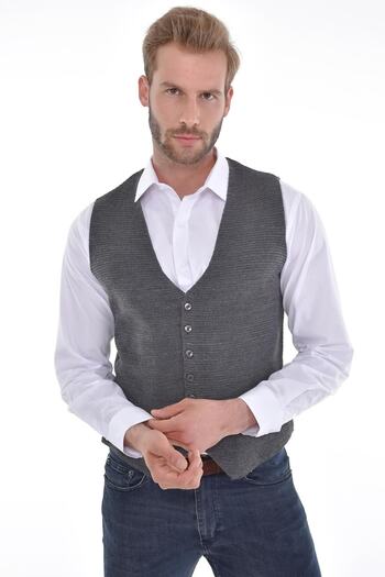 Çizgi Triko Men's Buttoned Sports / Classic Knitwear Knitted Sleeveless Gray Vest