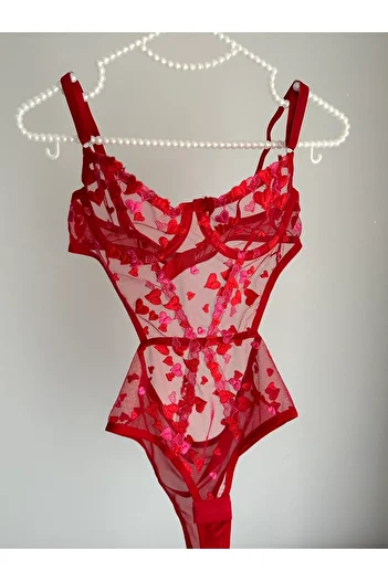 EDLİNGERİE Red Red Pink Heart Detailed Underwire Bodysuit