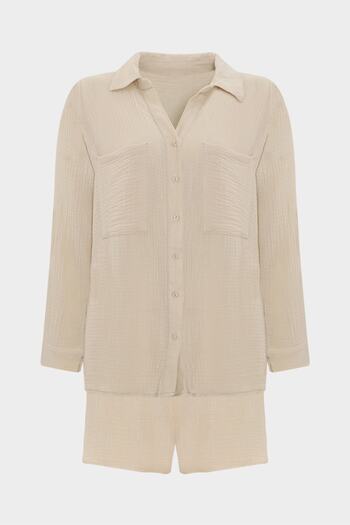 Açelya Okcu Pocket Detailed Muslin Shirt Elastic Waist Shorts Top and Bottom Set