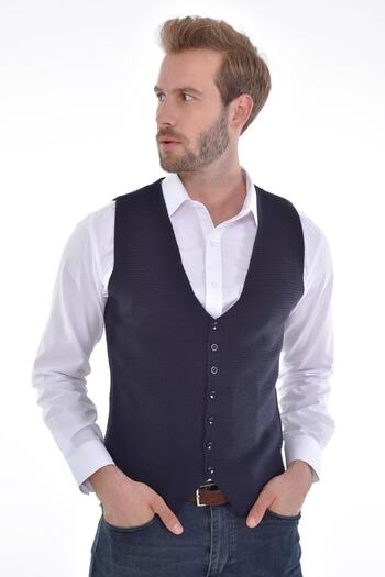 Çizgi Triko Men's Buttoned Sports / Classic Knitwear Knitted Sleeveless Navy Blue Vest