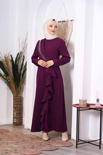 sinanur Women's Sare Purple Chain And Ruffle Detailed Dress 2074