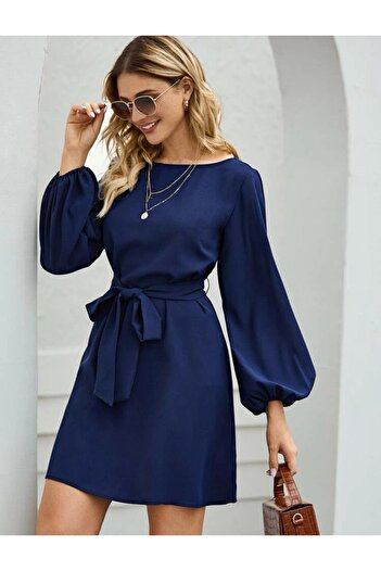 Styling Park Balon Kol Kuşaklı Mini Elbise