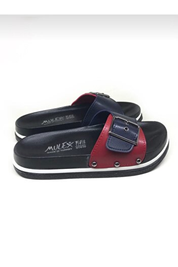 MULEX Women's Navy Blue Red Buckle Slippers