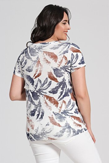 Seamoda Kadın Renkli Yaprak Desen Basic T-Shirt-Ekru-Bb PRA-236783-002356