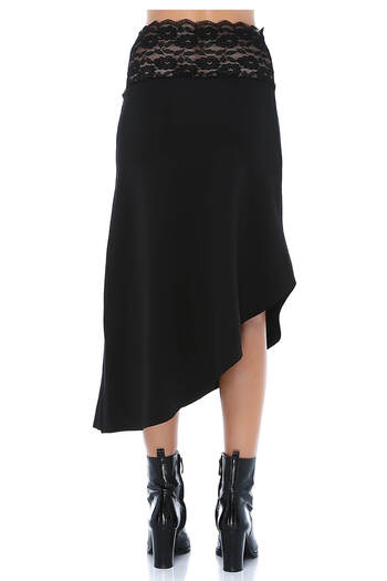 Quincey Women's Black Scuba Lycra Asymmetric Skirt with Lace Belt Ek2360