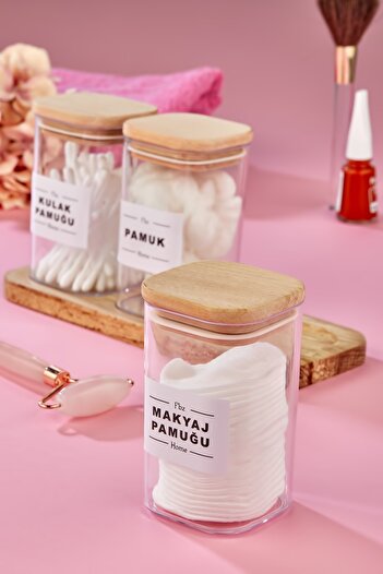 FBZhome 3 τεμαχίων Mica Ear Cotton Βαμβακερό μακιγιάζ Βαμβακερό Organizer με Ξύλινη βάση 250 ml Κουτί αποθήκευσης