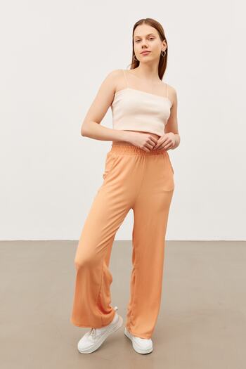 Bipantolon Women's Salmon Waist Elasticated Double Pocket Wide Leg Wrinkled Trousers