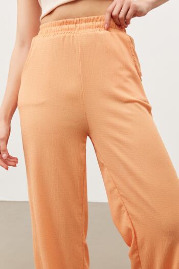 Bipantolon Women's Salmon Waist Elasticated Double Pocket Wide Leg Wrinkled Trousers
