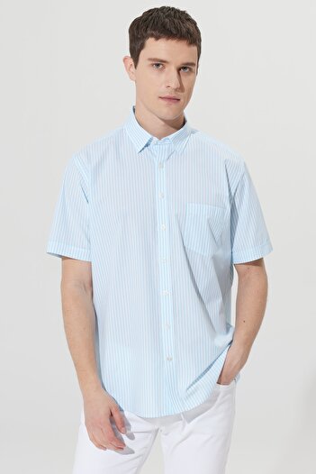AC&Co / Altınyıldız Classics Men's White-Light Blue Comfort Fit Relaxed Cut Hidden Button Collar Cotton Striped Shirt
