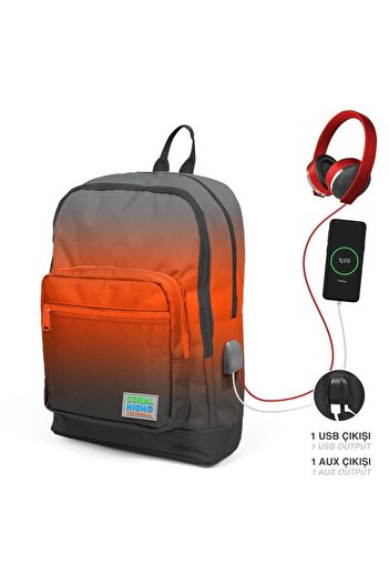 Coral High Kids Gray Orange Color Transitional Four Compartment USB School Backpack 23848