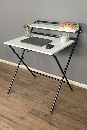 Berta Concept Lich Metal Ayaklı Laptop Sehpası Katlanır Çalışma Masası Çizim Masası Raflı Çalışma Masası -beyaz