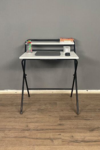 Berta Concept Lich Metal Ayaklı Laptop Sehpası Katlanır Çalışma Masası Çizim Masası Raflı Çalışma Masası -beyaz