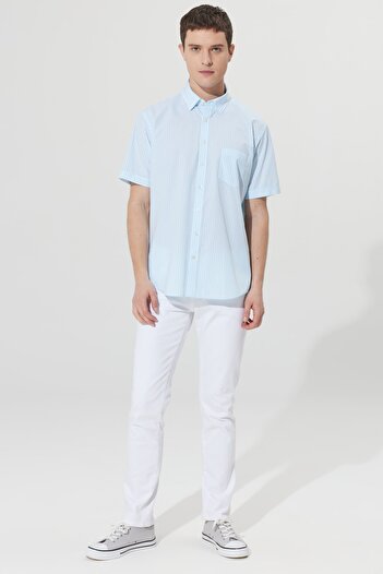 AC&Co / Altınyıldız Classics Men's White-Light Blue Comfort Fit Relaxed Cut Hidden Button Collar Cotton Striped Shirt