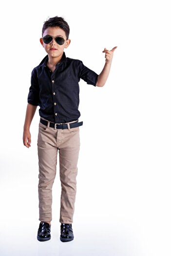 Terry Boy's Oxford Black Shirt with Belt Beige Trousers Suit-black-1-12 Years