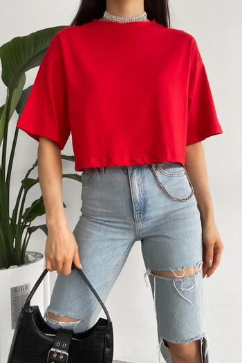 FEMELLE Women's Red 100% Cotton Crop T-Shirt