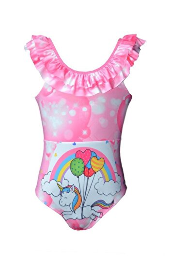 İYİBU Girl's Strappy Frilly Slip Swimsuit Unicorn Patterned Pink