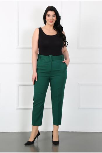 By Alba Collection Women's Khaki Thick Belted Dumbbell Large Size Pants