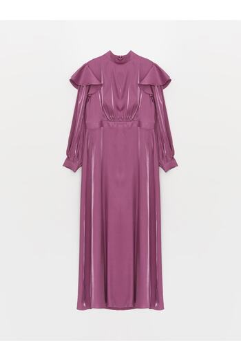 LC Waikiki Lcw Modest Dik Yaka Düz Uzun Kollu Saten Kadın Elbise