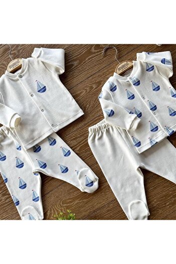 PATSAN Organik Pamuk 4'lü Bebek Alt Üst Patikli Pijama Takım Yelken